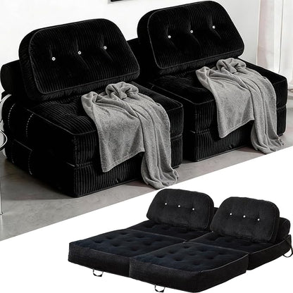 Folding Sofa Bed, Flannel Futon Couch Bed with Pillow and Blanket, Convertible Sleeper Chair for Living Room Bedroom (Two Black)