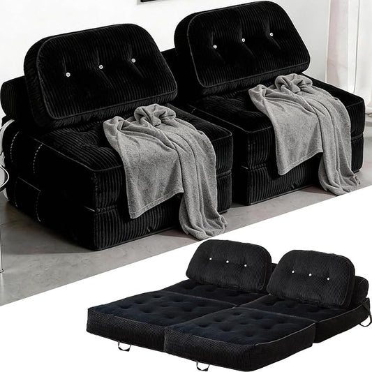 Folding Sofa Bed, Flannel Futon Couch Bed with Pillow and Blanket, Convertible Sleeper Chair for Living Room Bedroom (Two Black)