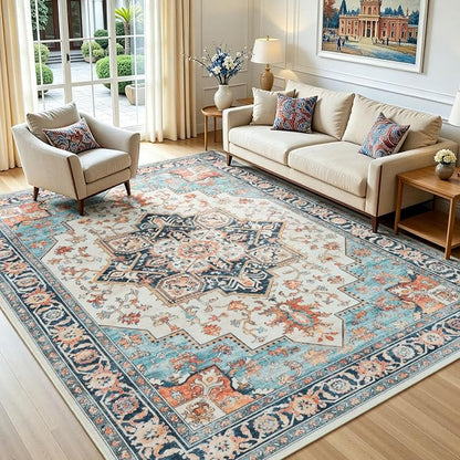 Lofus 5x7 Washable Rugs Non-Slip, Vintage Floral Area Rug for Living Room Bedroom Dining Room Kitchen, Low Pile Distress Print Carpet Home Decor Rug, Octagram Medallion Orange Blue Ivory