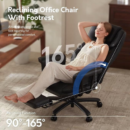 Executive Office Chair Big and Tall 500LBS, 165° Reclining Office Chair with Footrest, Leather Desk Chair with Quiet Rubber Wheels, Height Adjustable, Padded Arms, Black