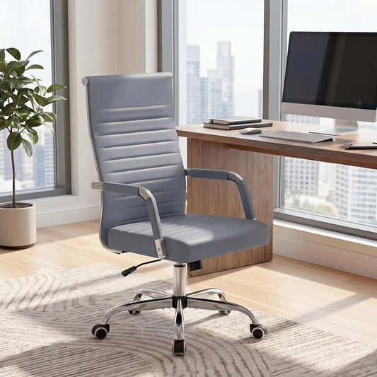 Furmax Ergonomic Office Desk Chair, Executive Ribbed Mid-Back PU Leather Conference Room Chair Adjustable Swivel Chair with Arms (2, Grey)