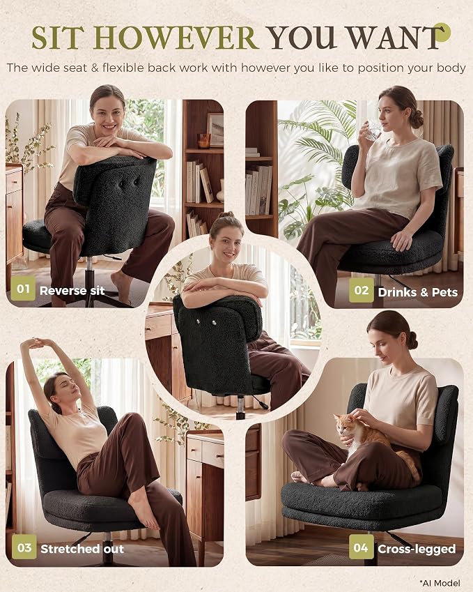 COMHOMA Vanity Chair with Ergonomic Curved Backrest, Home Office Desk Chair with Silent Wheel, Wide Seating Computer Chair for Girls Women Bedroom, Soft Teddy Fabric, Black
