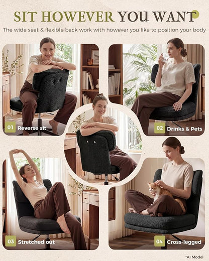 COMHOMA Vanity Chair with Ergonomic Curved Backrest, Home Office Desk Chair with Silent Wheel, Wide Seating Computer Chair for Girls Women Bedroom, Soft Teddy Fabric, Black