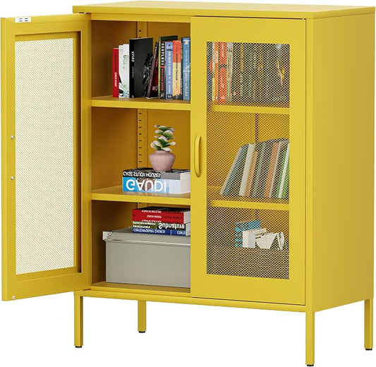 Chshin Metal Locker Storage Cabinet with 2 Mesh Doors and Adjustable Shelves,Yellow Metal Locker Cabinets,Coffee Bar Cabinet,Kitchen Pantry Storage Cabinets for Home,Sideboard,Office(40" H)