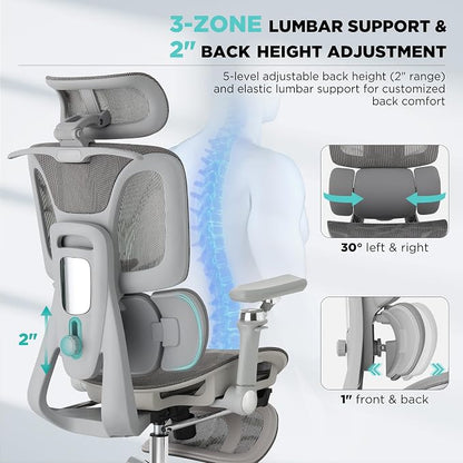 Ergonomic Office Chair with 3-Zone Dynamic Lumbar Support, Big and Tall Office Chair with Footrest, Adjustable Seat Depth,4D Headrest,6D Armrests, Swivel Executive Chair for Home Office,Grey