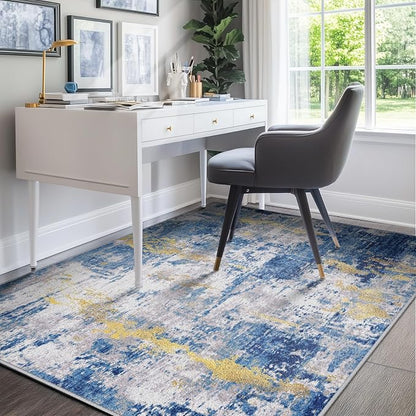 RELEANY Washable Area Rugs 9'x12' Non-Slip Modern Abstract Soft for Living Room Entryway Bedroom Kitchen, Print Pattern, Grey Blue Gold/Golden