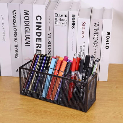 2PCS Black Mesh Pen Pencil Holder, Small Metal Desk Organizer Desktop Stationery Office Supplies Acessories Storage Stand, 3 Compartments Brushes Holder for Home School Classroom Teachers