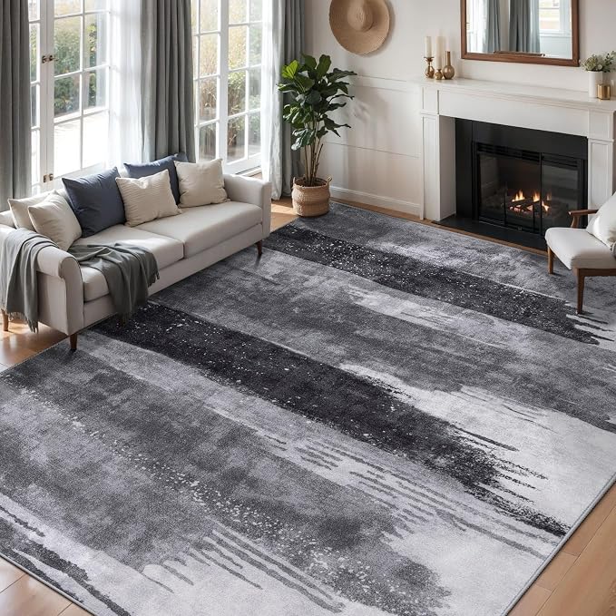 Ciicool Modern Abstract Rug for Living Room, 5'x7' Machine Washable Area Rug Non-Slip Rug, Low-Pile Contemporary Indoor Dining Floor Carpet for Bedroom Office Under Table Home Decor Grey Black