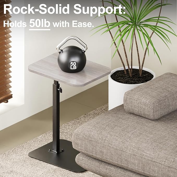 HzTinT Side Table Sofa Tray for Couch Heavy Metal Base Swivel/Adjustable Height, Sofa Bed Bathroom Study TV Tray C Shaped End Table Food Snack Trays for Eating