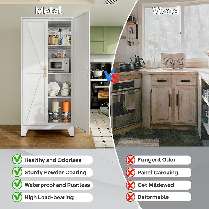 QINPTWUT 61" Metal Storage Cabinet, 4-Tier Kitchen Pantry with 3 Adjustable Shelves, Farmhouse Design Freestanding Cupboard for Kitchen, Bathroom, Laundry, Garage, White