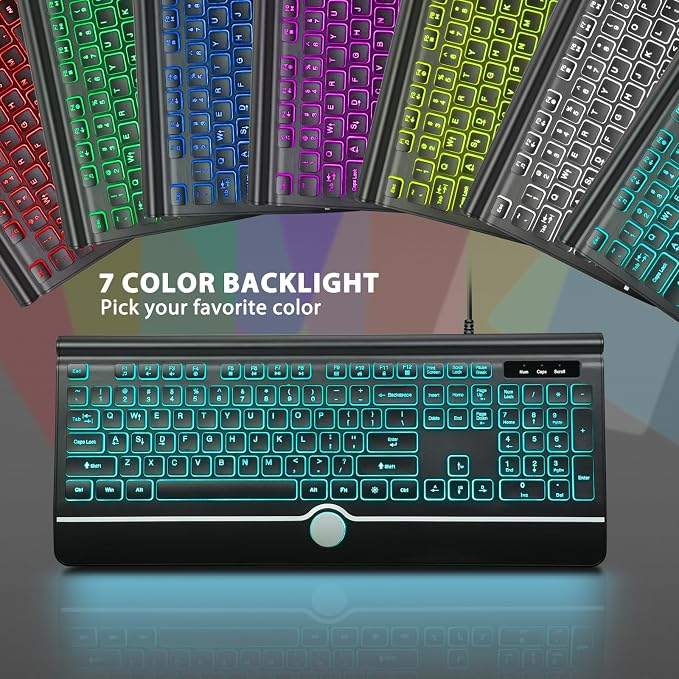 Wired Keyboard and Mouse Combo, Backlit Computer Keyboards with Wrist Rest, Light Up Keyboard Easy to See, 7-Color Backlit Keyboard and Optical Mouse for Windows, PC, Laptop, USB Plug and Play