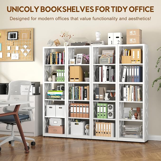 UNICOLY Bookshelves and Bookcases, 5 Tier Metal Bookshelf with Adjustable Shelves and Bookends, Open Shelf Bookcase, Display Shelves for Home Decor Bedroom, Living Room, Home Office, White