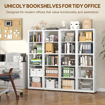 UNICOLY Bookshelves and Bookcases, 5 Tier Metal Bookshelf with Adjustable Shelves and Bookends, Open Shelf Bookcase, Display Shelves for Home Decor Bedroom, Living Room, Home Office, White