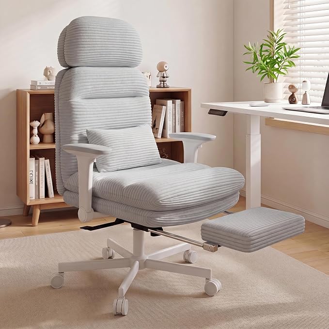 GXJ Criss Cross Legged Office Chair with Flip-up Arms, Footrest, G800 Plus | 6.3" Cushion Relieves Tailbone Pain, Head-Lumbar Support Eases Fatigue, Smooth Rolling Wheels, Corduroy Desk Seating, Grey