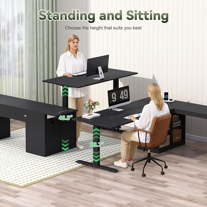 YOMILUVE Farmhouse L Shaped Standing Desk, 66 inch Corner Electric Standing Desk with Drawers ＆ Storage Shelves, Height Adjustable Computer Desk with Power Outlets for Home Office (Black)
