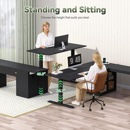 YOMILUVE Farmhouse L Shaped Standing Desk, 66 inch Corner Electric Standing Desk with Drawers ＆ Storage Shelves, Height Adjustable Computer Desk with Power Outlets for Home Office (Black)