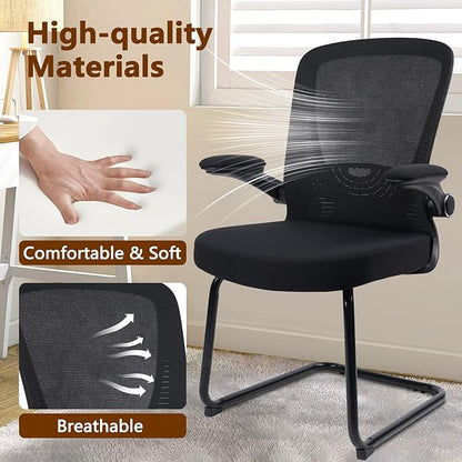 CLATINA Office Guest Chair no Wheels, Ergonomic Mesh Desk Chair Adjustable Lumbar Support and Flip Up Arms, Sled Base for Office Guest & Reception Chairs for Conference Room,Black (2PK)