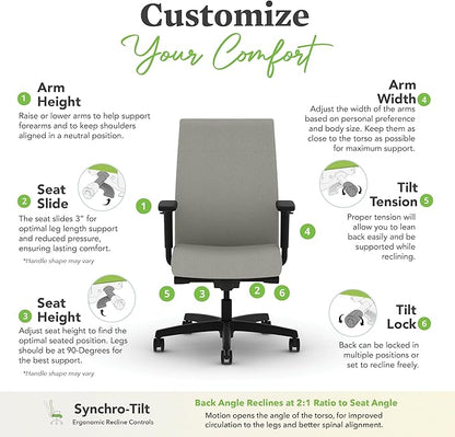 HON Ignition 2.0 Ergonomic Office Chair with Adjustable Arms, Advanced Synchro‑Tilt Recline, Upholstered Desk and Computer Chair for Home Office or Workstation, Black Frame, Fog