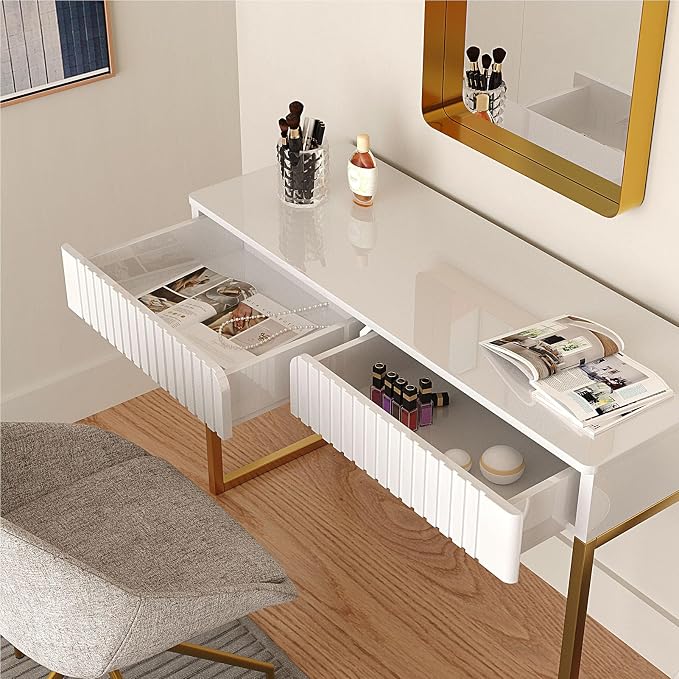 Tamworth Design Elegant Modern Desk, 2 Drawers, Gold Legs, 43.3x15.75 inches, Home Office, Makeup Vanity, Computer, Writing, Study, Entryway, Sofa Table
