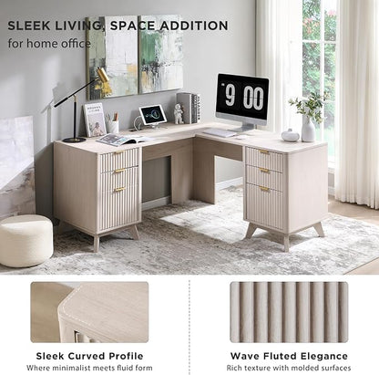 T4TREAM 60" Fluted Executive L Shaped Desk, Modern Home Office Desk with Charging Station and File Drawer, Computer Corner Desks with Drawers & Storage Cabinet for Office Home, Bedroom, Alder White