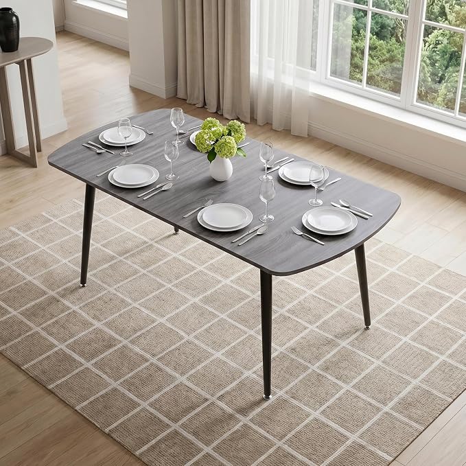 HIPIHOM Extendable Dining Table for 6-8 People, 70.87" L x 31.5" W Rectangular Kitchen Table with 15.76" Extension Leaf, Grey Wood Grain Dining Room Table with Black Metal Legs