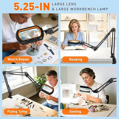HITTI 30X & 12X Square Magnifying Glass with Light and Clamp,Hands Free, 3-Section Arm, 5 Color Modes, Stepless Dimming, LED Desk Lamp for Soldering, Jewelry Making, Soldering, Crafting-Yellow