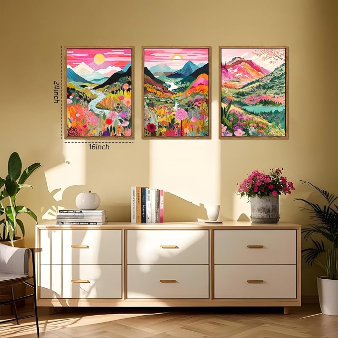 Floating Framed Large Boho Colorful Mountain Wall Art Set of 3, Abstract Watercolor Landscape Flower Wall Decor Paintings, Modern Nature Sunset Forest Posters Prints for Living Room 16x24 Inch