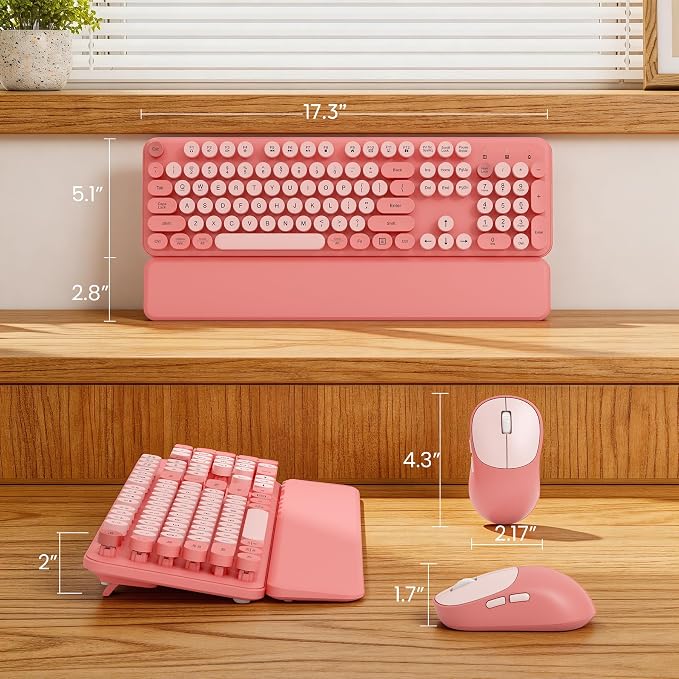 Wireless Keyboard and Mouse Combo, Typewriter Keyboard with Magnetic Wrist Rest, Full-Size Cute Round Keycaps, Sleep Mode, 2.4G Keyboards for Mac/Windows/PC, Office or Home, Trueque CK23Pro
