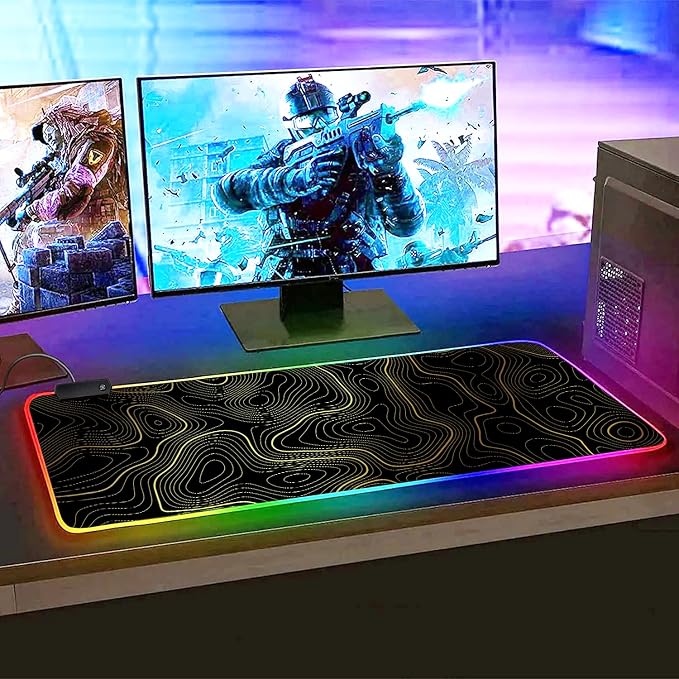 RGB Mouse Pad LED Desk Mat Large Gaming Mousepad Black and Gold Line Design, Keyboard Pad XL Mouse Mat for Home and Office (Black with Gold Topographic Line)