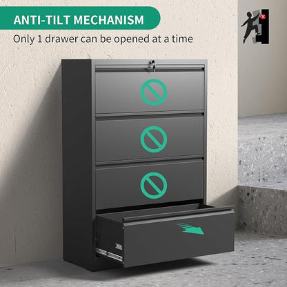 IKIMI 4 Drawer Lateral File Cabinets,Metal Filing Cabinet for Home Office,Wide Steel Storage Cabinet Commercial Drawer for Legal/Letter/A4 Size Files Assembly Required