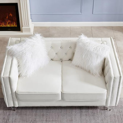 mikibama Velvet Loveseat with Buttons and Square Arms 59 Inch Tufted Sofa with Trimmed Nailhead and Acrylic Legs Loveseat Couch for Living Room,Bedroom (Beige-Crystal Legs, Loveseat)