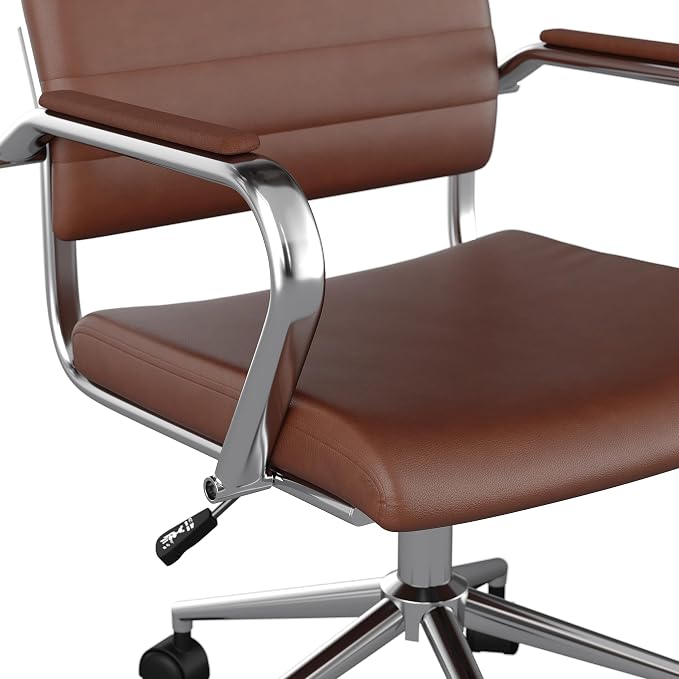 Martha Stewart Piper Swivel Task Chair with Armrests for Home Office in Saddle Brown Faux Leather with Polished Nickel Frame