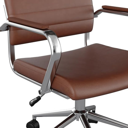 Martha Stewart Piper Swivel Task Chair with Armrests for Home Office in Saddle Brown Faux Leather with Polished Nickel Frame