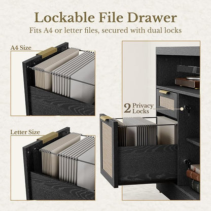 4 Drawer File Cabinet, Fluted Wood Lateral Filing Cabinet with Lock and Charging Station for Home Office, Printer Stand with Open Storage Shelves, Fits A4, Letter Size, Black