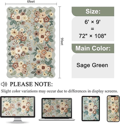 DUKINO 6x9 Area Rug, Floral Washable Rugs for Living Room with Non Slip Backing & Non-Shedding, Lightwight Low Pile Boho Design Large Carpets for Bedroom, Living Room, Dining Room, Sage Green