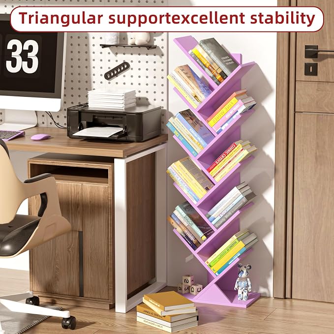 10 Tier Tree Book Shelf, Floor Standing Wood Bookshelf for Narrow Space, Storage Organizer Bookshelves for Books/CDs/Magazine, Bookcase with Shelves for Home Office, Living Room-Dream Purple