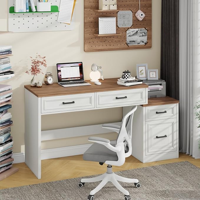 Vabches 61" Farmhouse Computer Desk with Storage and File Drawer, Executive Desks with Printer Stand, Rustic Large Home Writing Desk for Home Office.