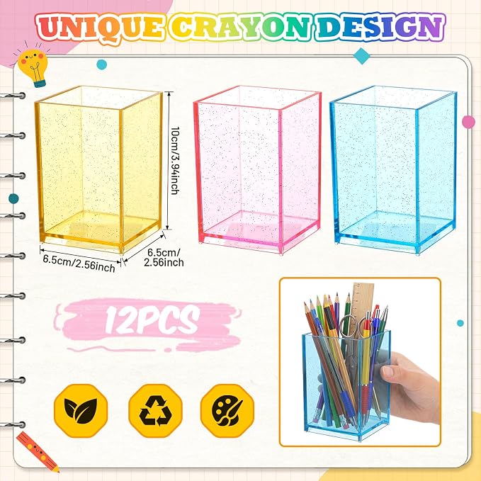 Ctosree 12 Pack Colorful Clear Acrylic Pen Holder for Classroom Acrylic Square Pencil Organizer Pastel Color Pencil Holder Back to School Supplies Gifts Student Teachers Desk Storage Organizer