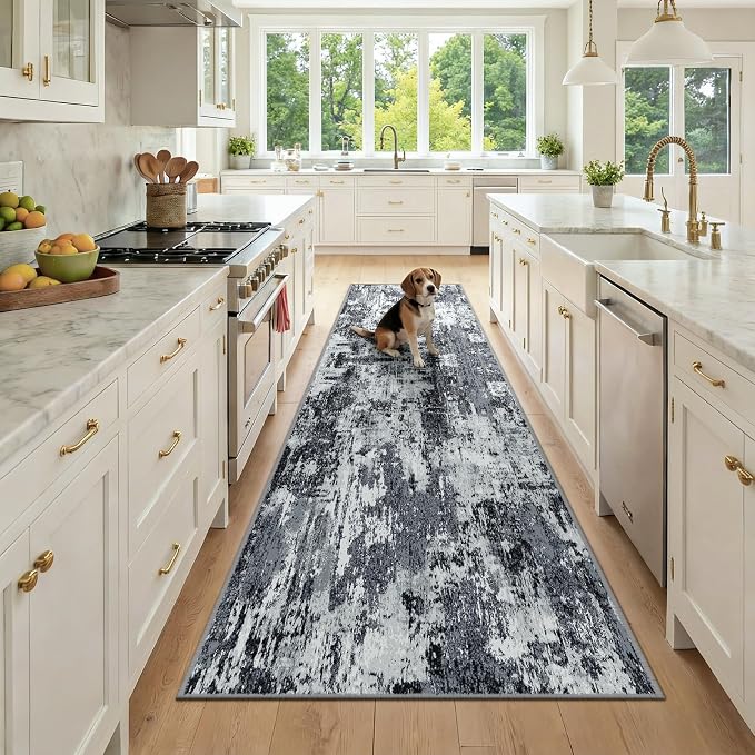 RELEANY Washable Area Rugs 3x9 Non-Slip Modern Abstract Soft for Living Room Entryway Bedroom Kitchen, Print Pattern, Black Navy Blue Gray