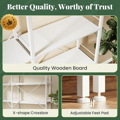 Huuger 5 Tier Bookshelf, L Shaped Corner Bookshelf with 10 Open Shelves, 49.4 Inch Straight Wide Bookcase with Metal Frame and Wooden Board, Adjustable Feet, White