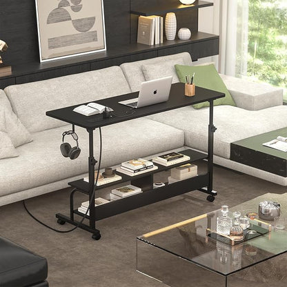 Armocity Rolling Standing Desk with Charging Station, Portable Height Adjustable Mobile Computer Desk with Wheels & 2-Tier Shelves & Hooks, Easy Assembly Laptop Table for Couch Bed, 47" Black