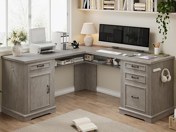Jocoevol Farmhouse L Shaped Executive Desk with 4 Drawers and Charging Station, Wood Corner Home Office Computer Desk with File Cabinet Storage, Hidden Under Desk Storage Shelf, Headphone Hook - Grey