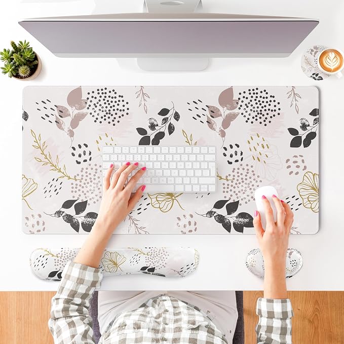 QIYI Leather Desk Mat Set, 4-in-1 Large Mouse Pad with Ergonomic Wrist Rest, Waterproof Desk Pad + Keyboard Wrist Rest + Mouse Wrist Support+Coaster, Non-Slip Office Gaming Accessories, Botanical Leaf