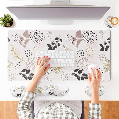 QIYI Leather Desk Mat Set, 4-in-1 Large Mouse Pad with Ergonomic Wrist Rest, Waterproof Desk Pad + Keyboard Wrist Rest + Mouse Wrist Support+Coaster, Non-Slip Office Gaming Accessories, Botanical Leaf