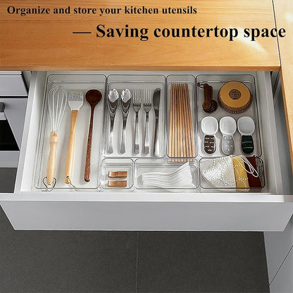 16 Pcs Extendable Clear Drawer Organizer, All Adjustable Vanity Storage Box, 2-Size Desk Drawer Organizer, Durable Storage Bins for Makeup, Cosmetic, Bedroom Dressers Tool Organizer for Gadgets