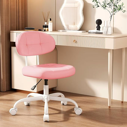 Misolant Vanity Chair with Back, Small Armless Cute Office Chair with Wheels and Lumbar Support, Comfy PU Leather Desk Computer Chairs with Adjustable Height, 360°Swivel for Home Bedroom Office, Pink