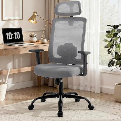 Ergonomic Office Chair, Office Desk Chair with High Back Mesh and Adjustable Lumbar Support, Rolling Work Chairs with Wheels and Adjustable Headrests, Wide Cushion, Grey