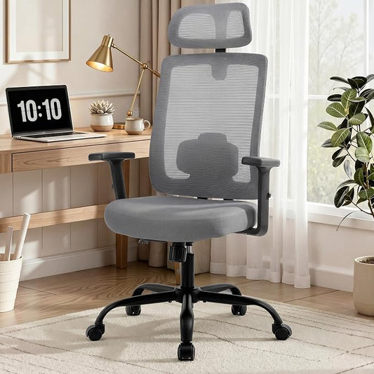 Ergonomic Office Chair, Office Desk Chair with High Back Mesh and Adjustable Lumbar Support, Rolling Work Chairs with Wheels and Adjustable Headrests, Wide Cushion, Grey