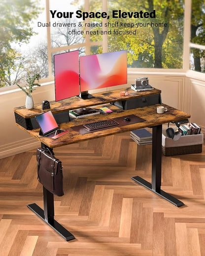 FiCiHi 55x24 Inch Standing Desk with Drawers, C-Clamp Mount Compatible, Electric Adjustable Height Computer Stand Up Desks, Home Office Sit Stand Table with 3 Preset Heights, Rustic Brown