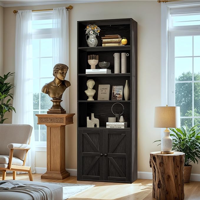 Furniwell Industrial Bookshelf and Bookcases with Doors Modern Bookshelf Cabinet Tall Book Shelves Storage for Home Office, Bedroom (Deep Black)